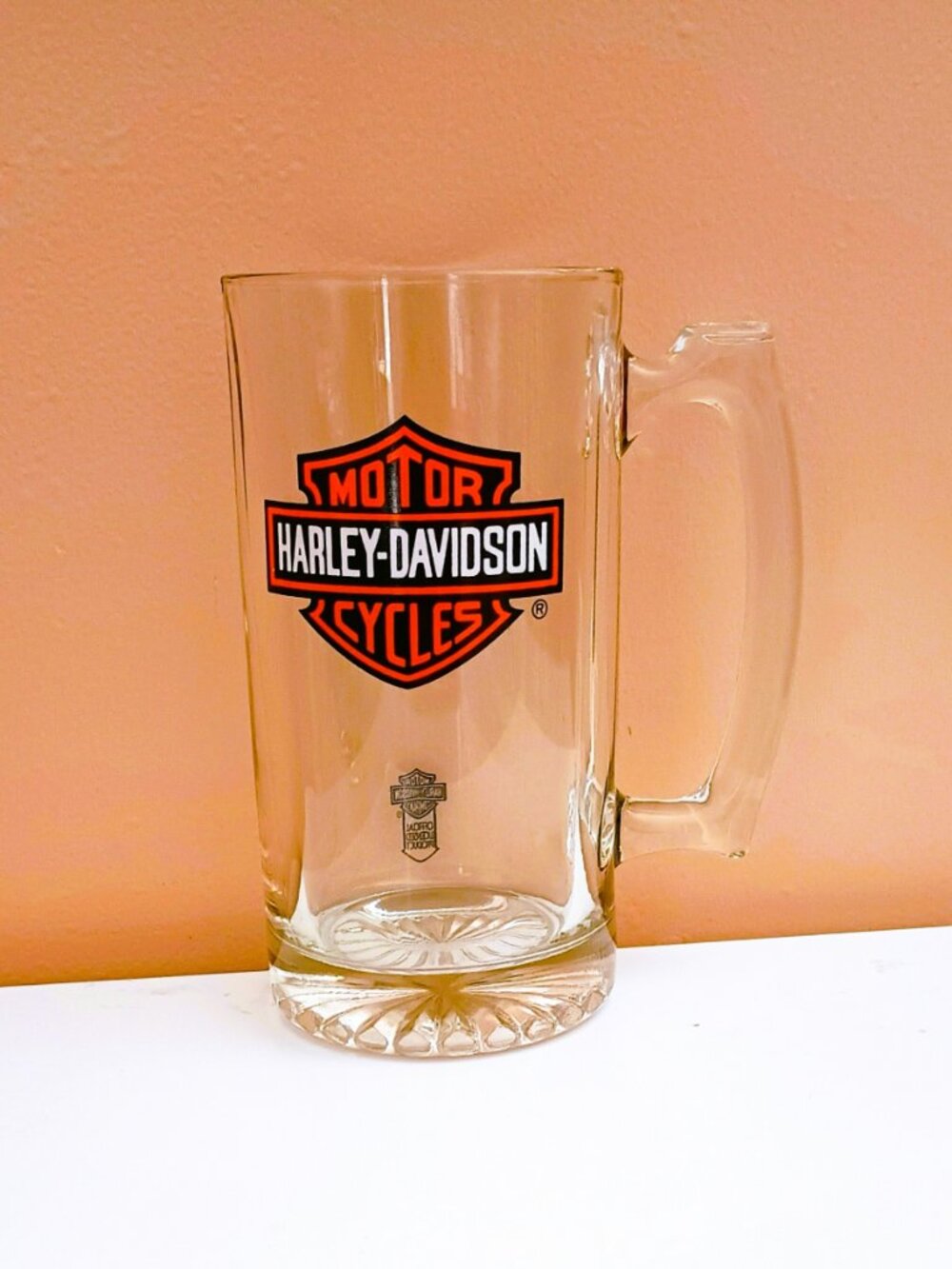 Harley Davidson Large Beer Mug 7" Tall Glass Clear Logo Stein